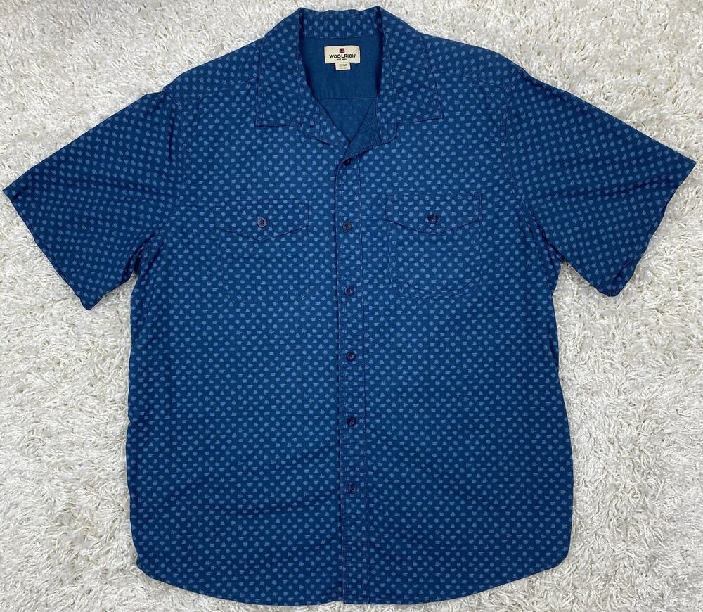 Woolrich Men's XL Short Sleeve Button-Up Shirt Blue Geometric Print Camp Collar